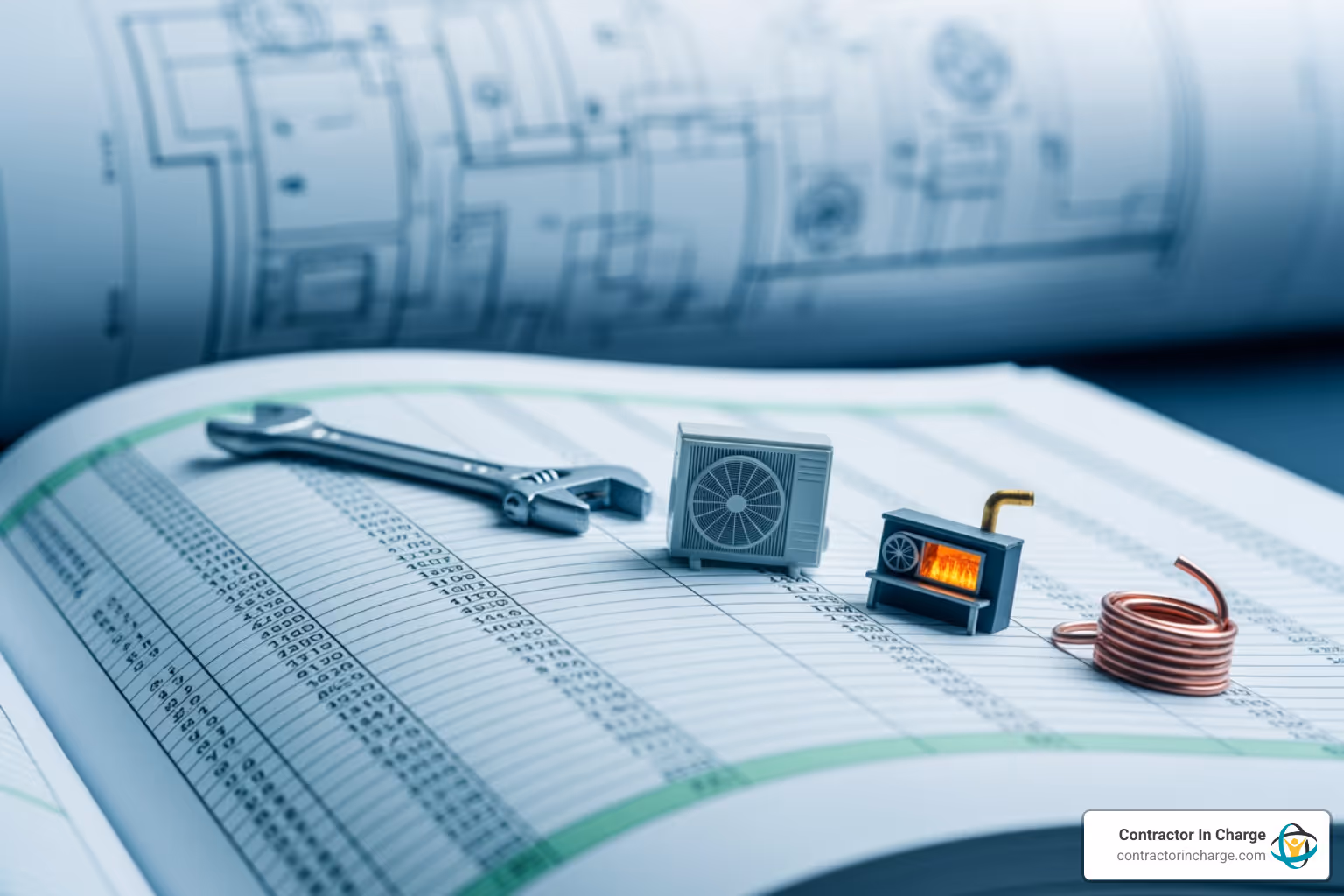 Wrench, small AC unit, furnace model, and copper tubing resting on a printed ledger in front of HVAC blueprints