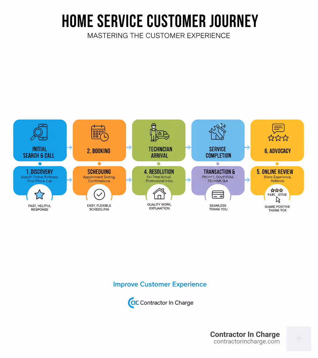 Infographic: the home service customer journey, from first search and call through booking, service, payment, and review