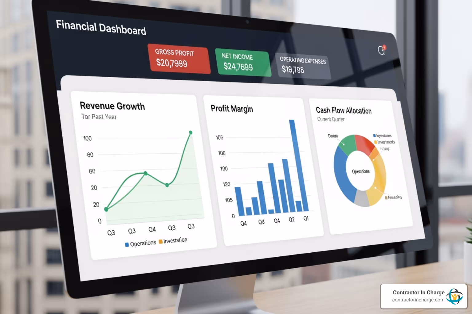 financial KPI dashboard showing profit margin, cash flow, and revenue growth charts - industry kpi reporting contractor