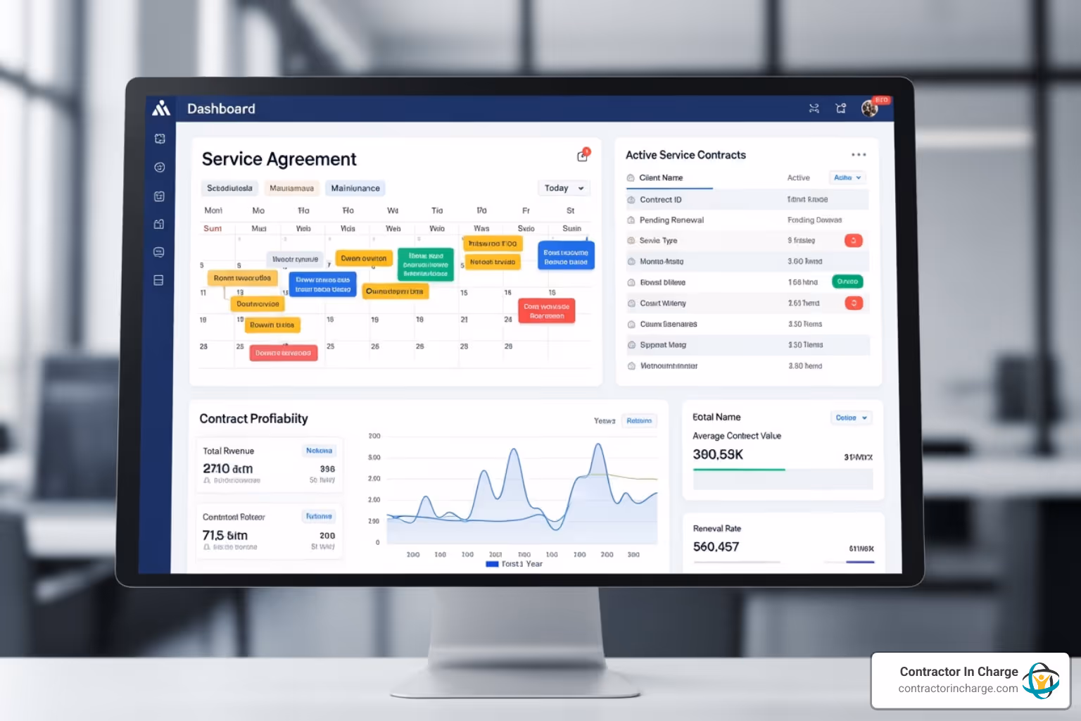Service agreement dashboard with a maintenance calendar, a list of active contracts, and a contract profit chart