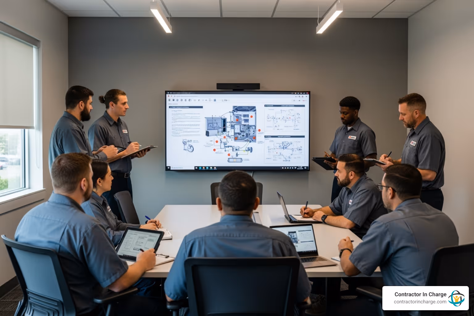 Team of HVAC technicians in a training session looking at an SOP diagram on a large screen