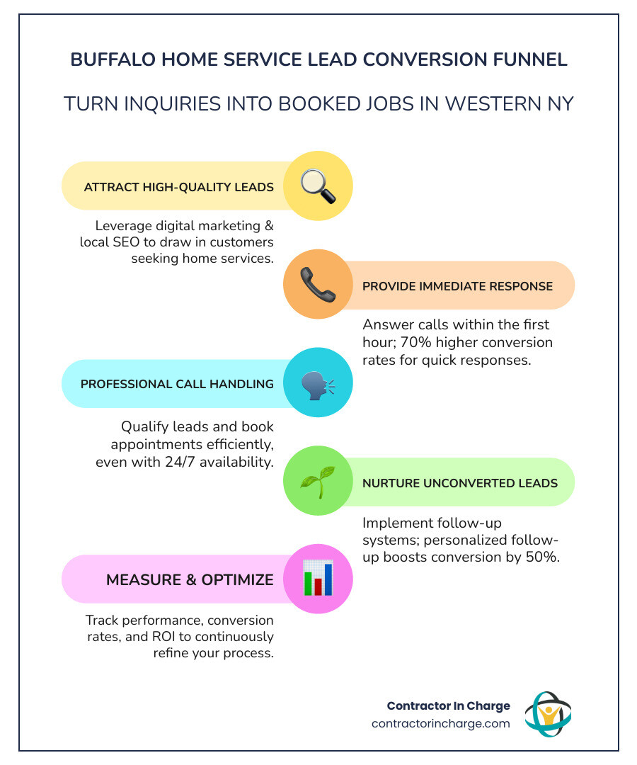 Detailed infographic showing the home service lead conversion funnel: starting with digital marketing and local SEO attracting leads, moving through immediate phone response and professional call handling, then to booking and scheduling, followed by service delivery, and ending with follow-up and review requests to create repeat customers - lead conversion support for home service businesses in Buffalo, NY infographic infographic-line-5-steps-colors