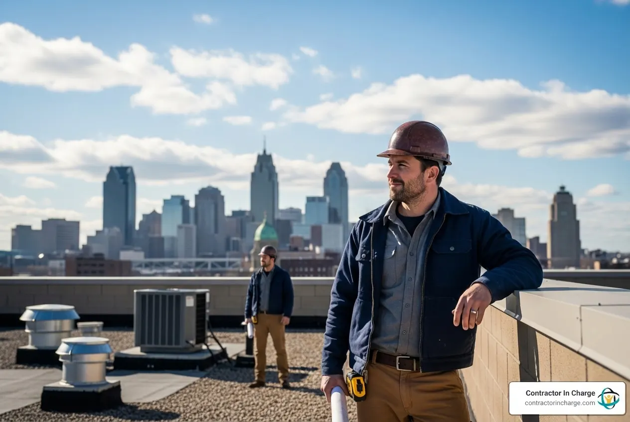 Buffalo contractor on roof with city skyline - phone answering service that converts leads for Buffalo contractors