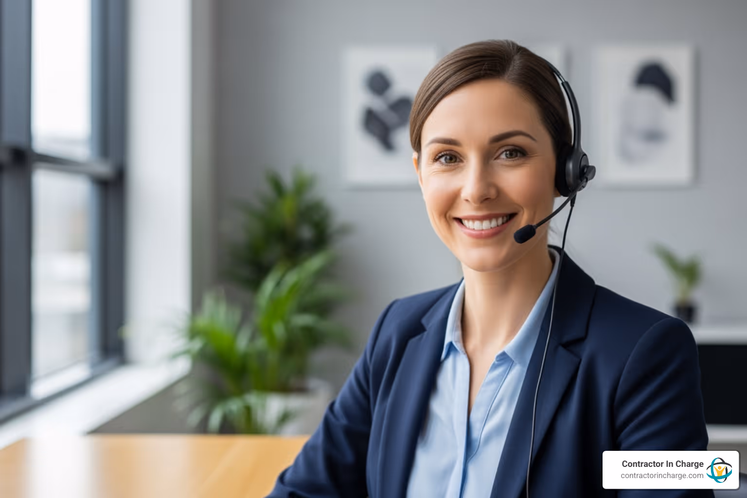 virtual receptionist with a headset smiling professionally - virtual office service for contractors
