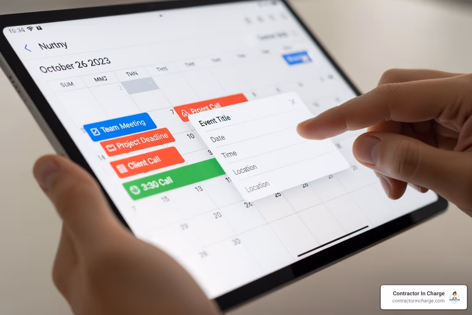 Hands adding an event to a digital calendar on a tablet