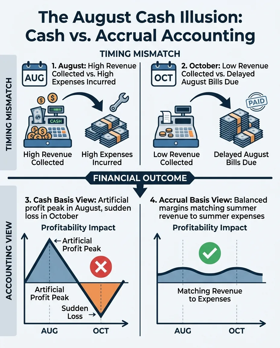 The August Cash Illusion: Cash vs. Accrual Accounting