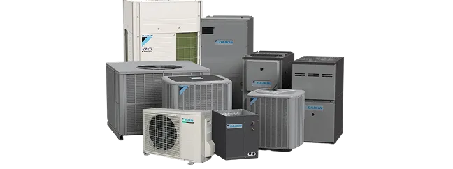 Various models of Daikin air conditioning and HVAC units arranged together on a white background.