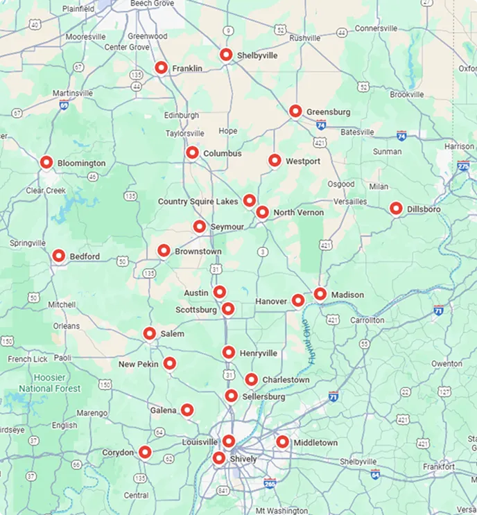 Map showing towns and cities in southern Indiana and northern Kentucky, including Louisville, Shelbyville, Greensburg, Seymour, and Bloomington, with red location markers.