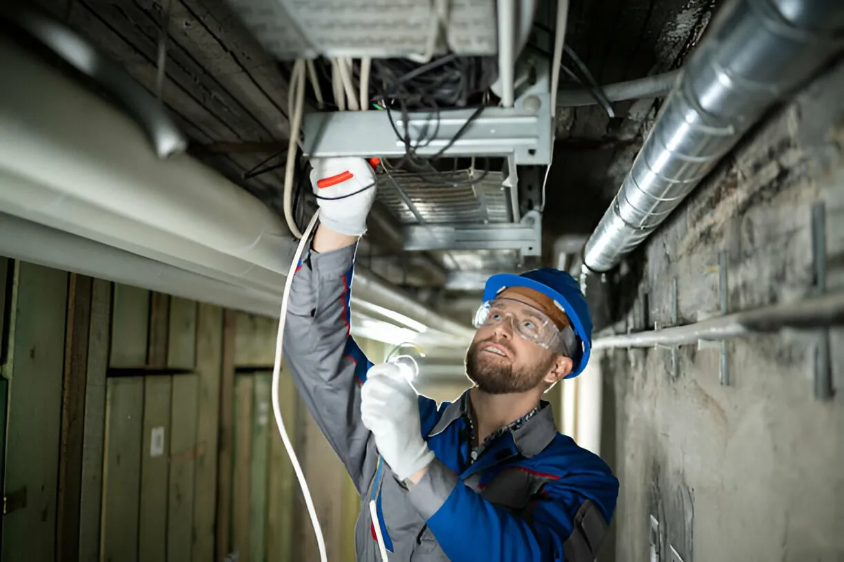 Technician wearing a blue hard hat and safety goggles working on wiring in a building's HVAC duct system.