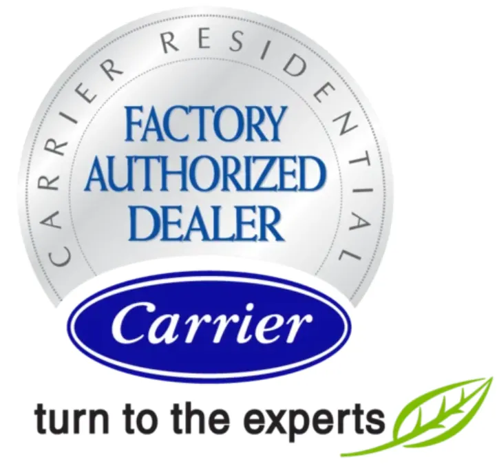 Carrier Factory Authorized Dealer logo with text 'Carrier Residential' and slogan 'turn to the experts' accompanied by a green leaf icon.