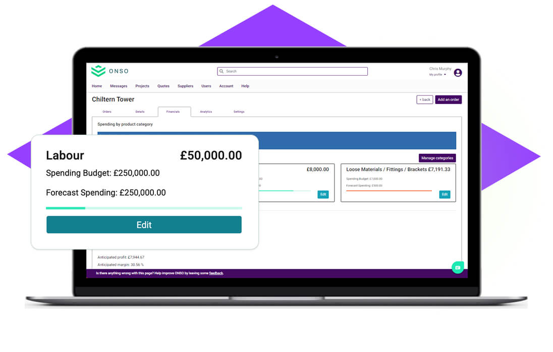 ONSO Financials feature on a laptop, showing a Labour spending budget and forecast profit margin pop-up. This highlights real-time data for up-to-date project spending visibility and automated profit calculation.