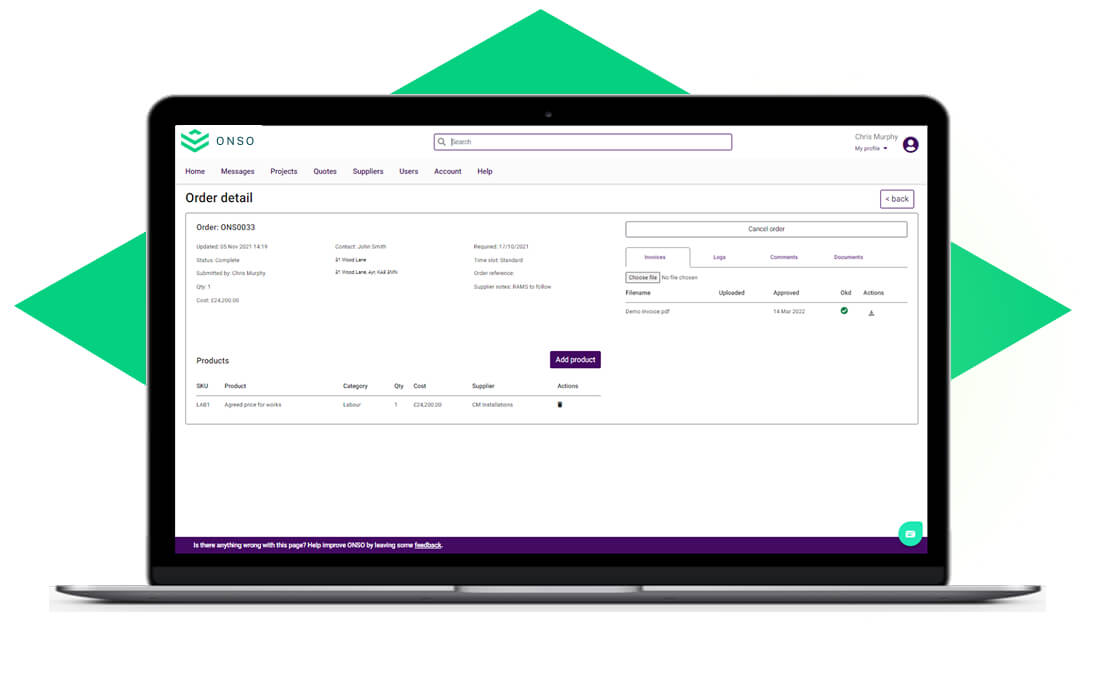 ONSO Invoices feature on a laptop, showing the 'Order detail' screen with fields for matching. This platform ensures end-to-end invoice matching, aligning accounts and project teams for financial accuracy.