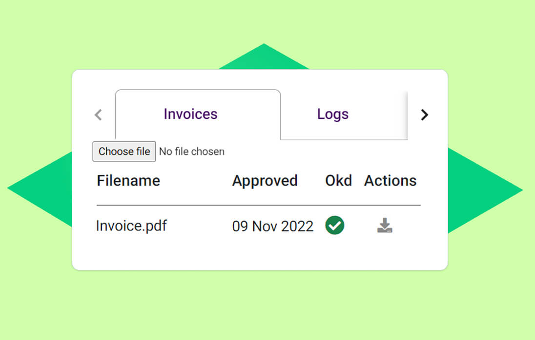 ONSO's invoicing log system showing the 'Invoice.pdf' approval date and 'Okd' status. This logging system allows users to easily track the history of invoicing actions, approvals, and uploaded documents.