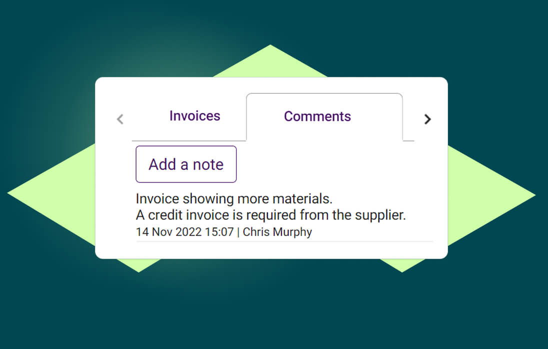 ONSO's invoicing interface showing the 'Comments' section for orders. This allows teams to communicate updates regarding order value changes or missing stock to stay informed during the invoice matching process.
