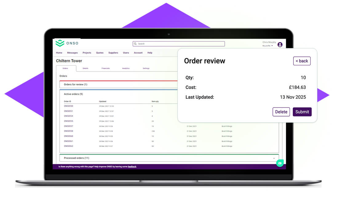 ONSO Quotes feature on a laptop, showing a comparative quote sheet from three suppliers for different products. This highlights the ability to centralize and manage supplier quotes for best value purchasing.