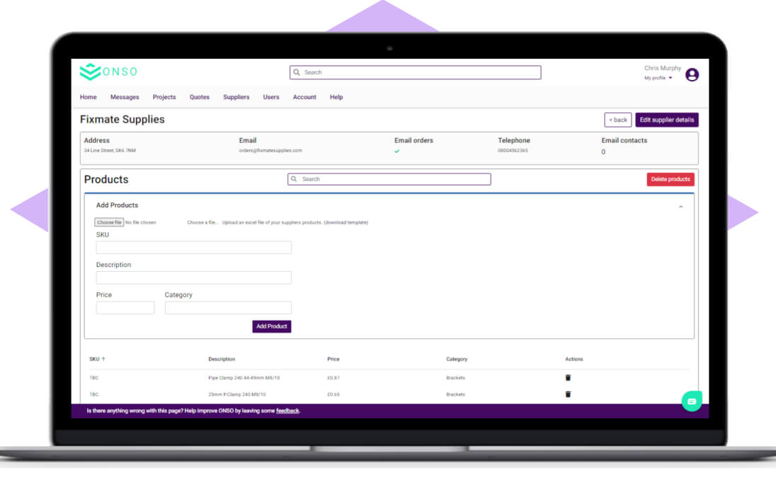 ONSO Purchase Order creation screen on a mobile device, showing the initial steps to select a project and supplier, simplifying the creation of new orders for site teams.