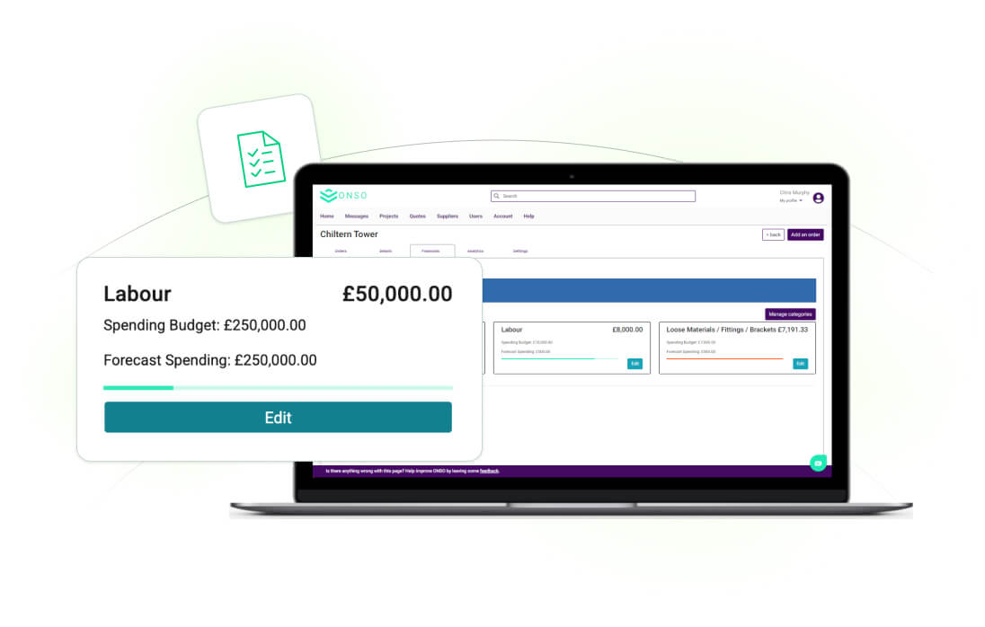 ONSO Supplier product catalogue screen detailing SKUs, pricing, and descriptions for items like 'Tarmac' and 'Pipework.' This ensures users order correctly and always use the latest agreed contract rates.