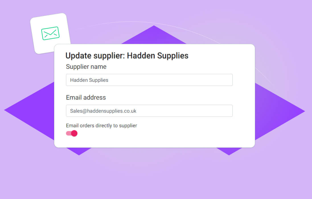 Onso 'Update Supplier' form for Hadden Supplies, showing supplier name, email (sales@haddensupplies.co.uk), and an option to email purchase orders directly. Screen streamlines supplier management and purchasing.