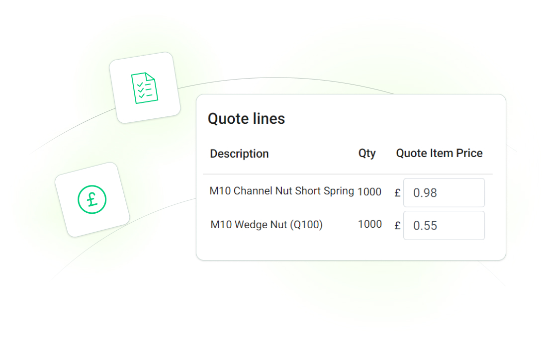 Onso 'Quote lines' screen demonstrating centralized supplier management, listing two hardware items with their quantities and unit prices. Interface helps consolidate supplier information and manage optimal pricing.