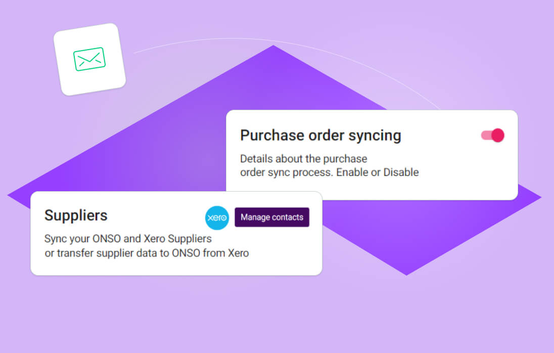 Onso integration settings screen showing options for 'Purchase order syncing' (enable/disable toggle) and 'Suppliers' with a Xero logo and a 'Manage contacts' button. Highlights rapid ordering, cost control, and seamless accounting software integration.