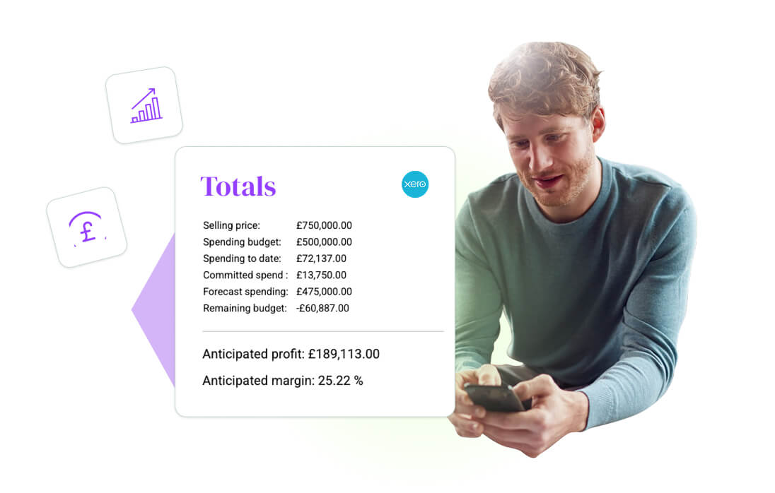 A man using a mobile phone next to the Onso 'Totals' dashboard displaying key financial metrics like Anticipated profit and margin. Highlights the benefit of using Onso to track supplier rates precisely and maximise annual cost savings.