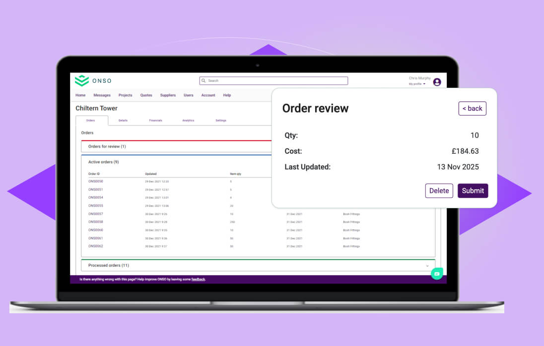 Laptop displaying the Onso 'Order review' screen within the orders dashboard, showing item cost and quantity. Highlights Onso's benefit in streamlining approval workflows and maintaining financial governance for purchase orders."