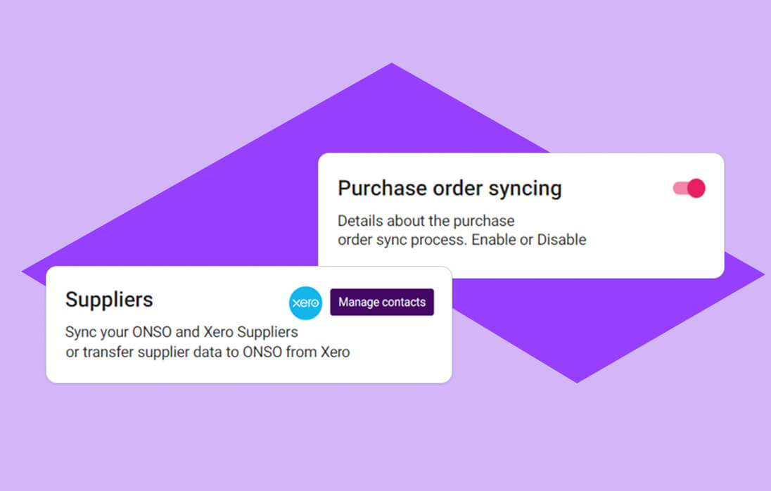 Onso settings screen showing 'Purchase order syncing' and 'Suppliers' with Xero integration options. This feature provides comprehensive financial insights by syncing data to inform budget planning and boost profitability.