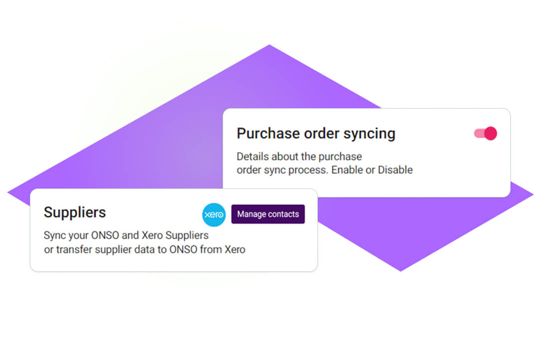 ONSO AI feature showing seamless digital matching between an invoice, delivery note, and purchase order. Highlights automated procurement and reduced human error.