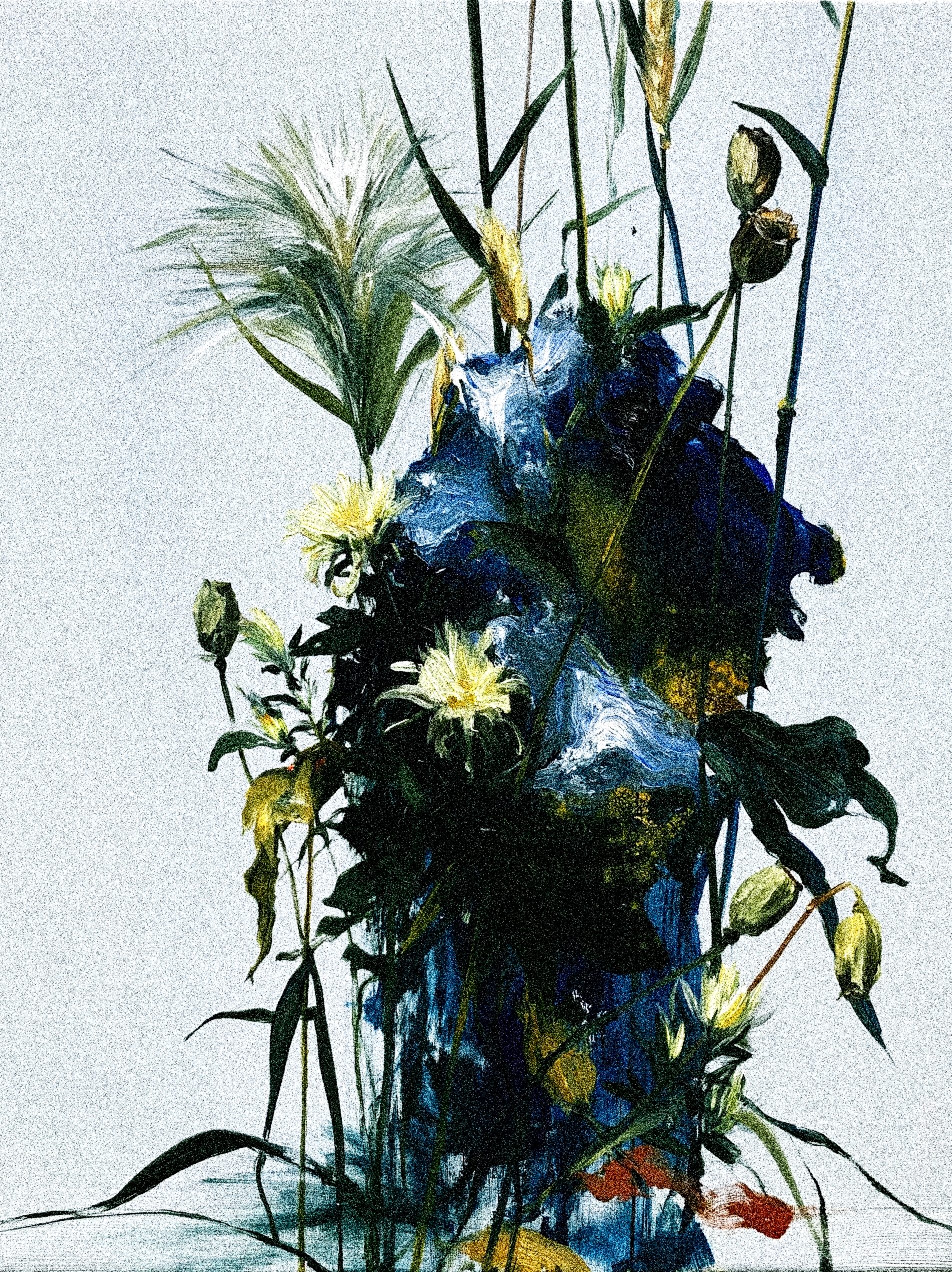 藍色花卉與芒草的拼貼藝術作品