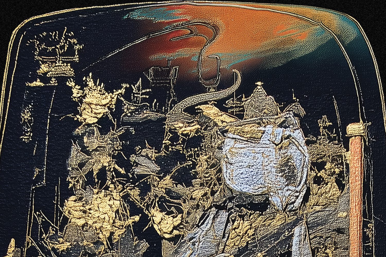 金色花鳥紋樣的漆器風格插畫