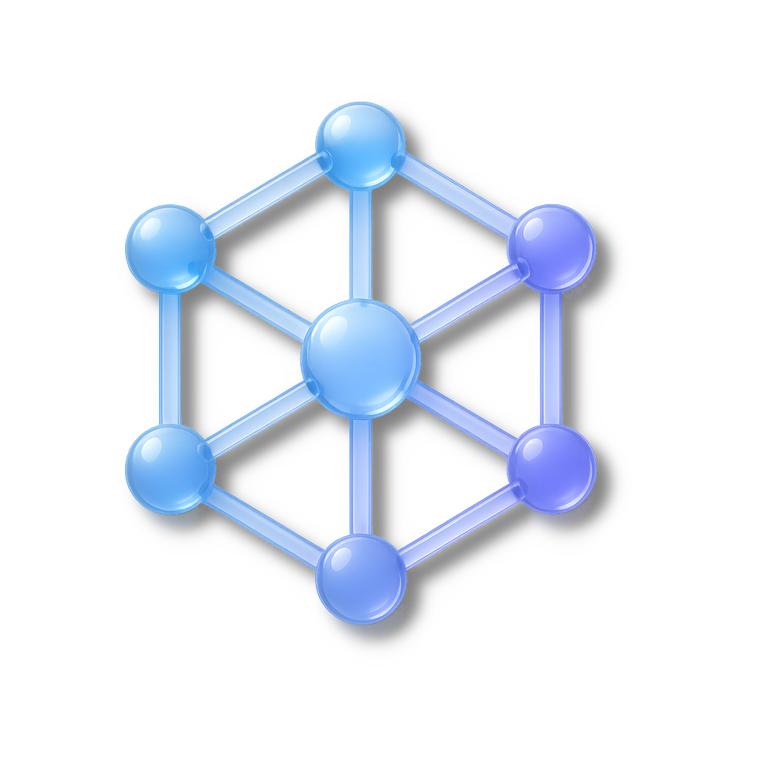 Abstraktes Netzwerkdiagramm mit verbundenen blauen und violetten Kugeln auf dunklem Hintergrund.