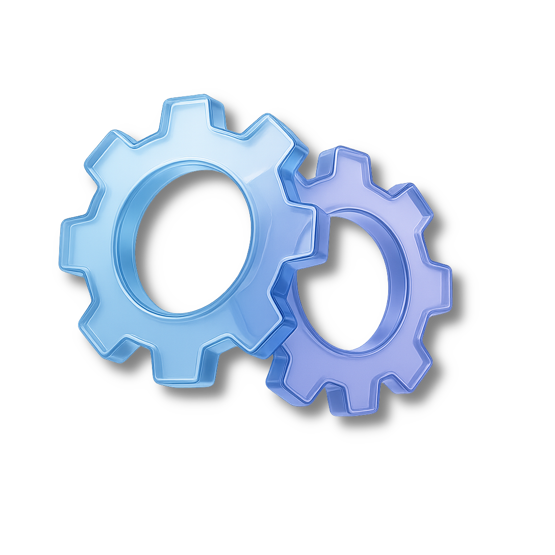 Zwei ineinandergreifende Zahnrad-Ikonen in Blau- und Lilatönen auf dunklem Hintergrund.