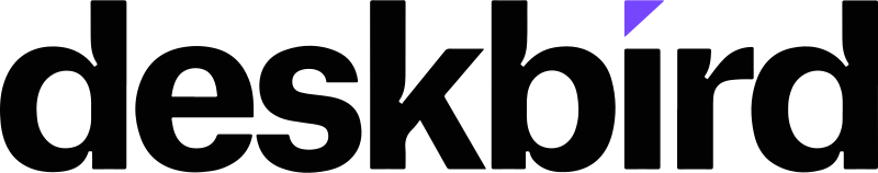 Deskbird Firmenlogo mit schwarzem Text und einem kleinen violetten Akzent über dem Buchstaben i.