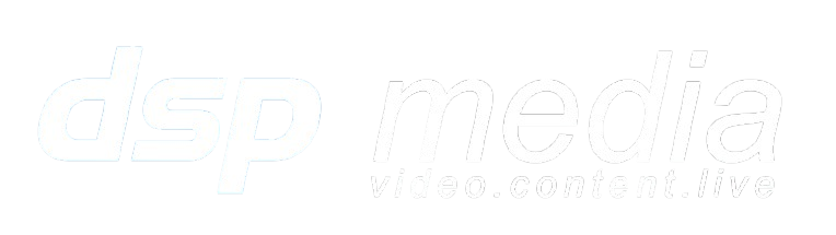 Logo mit dem Schriftzug 'dsp media' und dem Slogan 'video.content.live' in Weiß auf schwarzem Hintergrund.