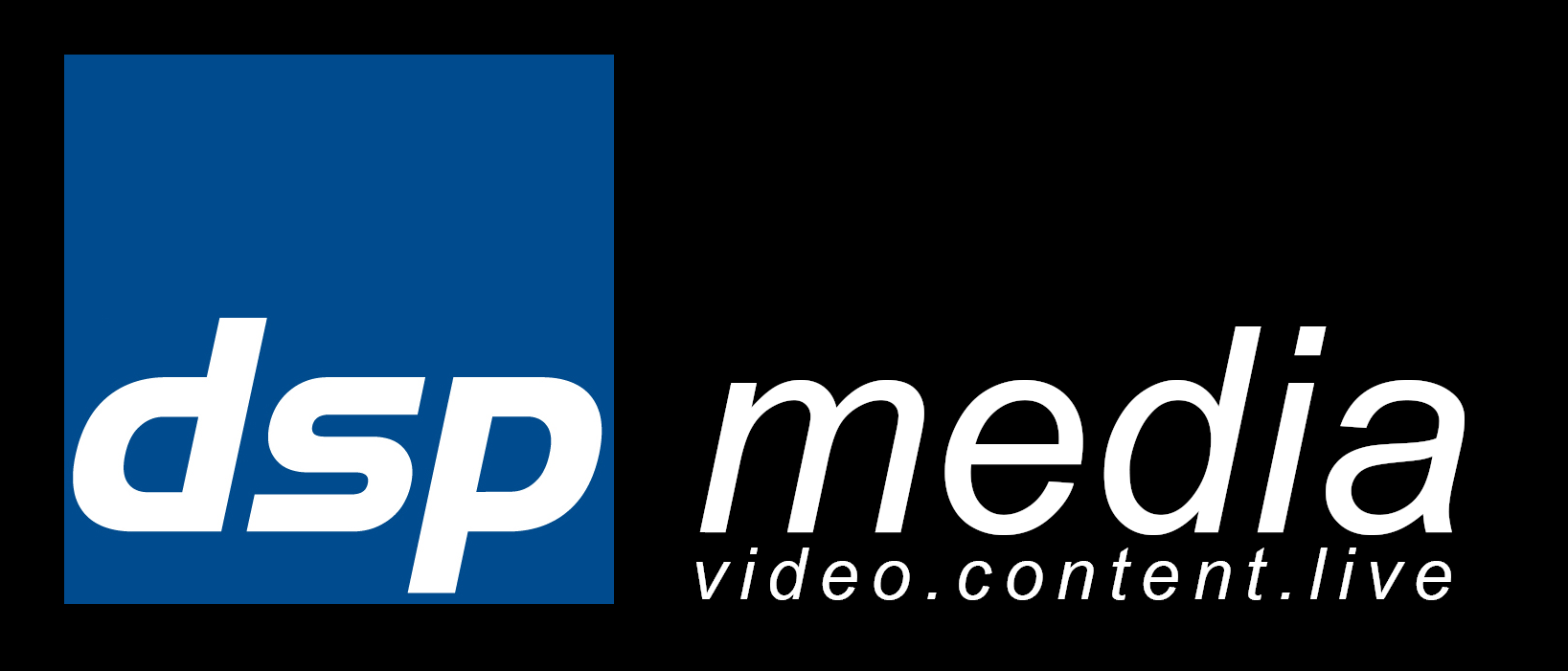 Logo mit weißem Text 'dsp' auf blauem Quadrat und 'media video.content.live' daneben auf schwarzem Hintergrund.