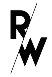 Schwarzes stilisiertes RW-Logo mit diagonaler Linie in der Mitte auf weißem Hintergrund.