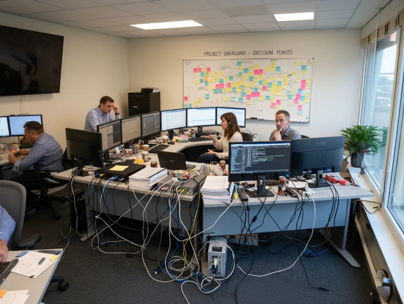 Büro mit vier Personen an Schreibtischen mit mehreren Monitoren, einem Whiteboard mit bunten Notizzetteln mit der Überschrift 'Project Overload - Decision Points' im Hintergrund.
