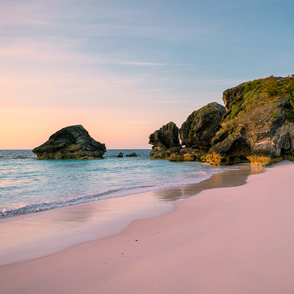 Bermuda's pink-sand beach at sunset.