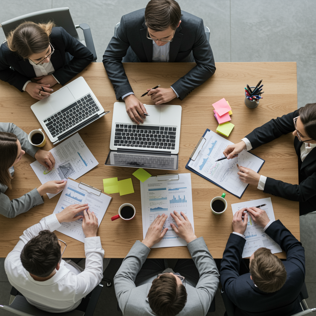 Top-down view of business professionals sitting around a wooden table reviewing charts and documents with laptops, coffee, and colorful sticky notes.