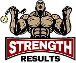 Muscular man flexing his arms with clenched fists above the words Strength Results.