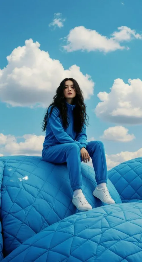 A woman sitting on top of an inflatable mattress.