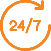 Icono de un reloj circular con una flecha que simboliza servicio disponible 24/7.