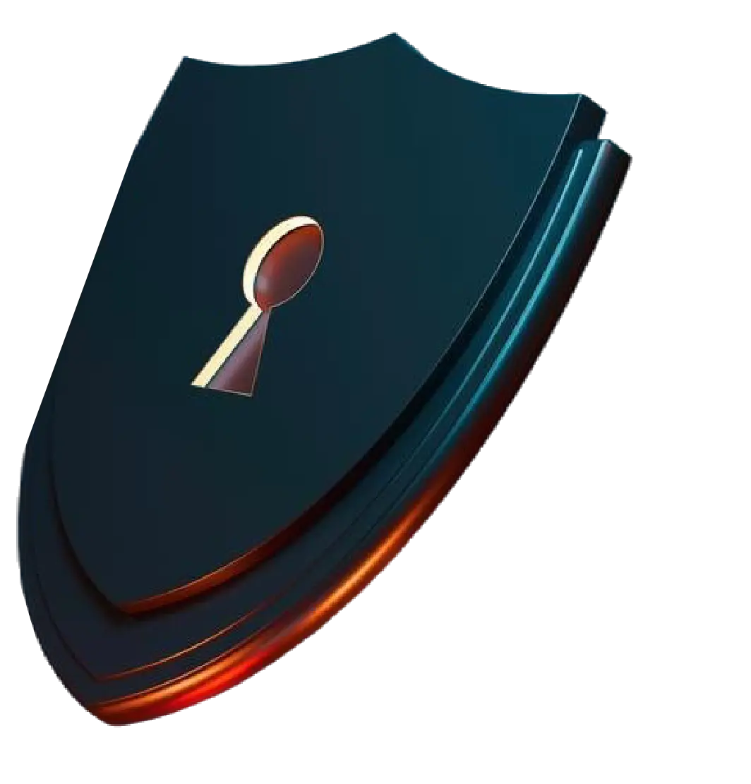 Escudo azul oscuro con una cerradura en forma de ojo de cerradura en el centro y borde iluminado en tonos rojizos.