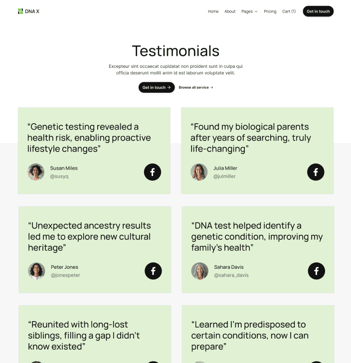 DNA X - Customer Testimonials Main Page - Health Tech Webflow Template