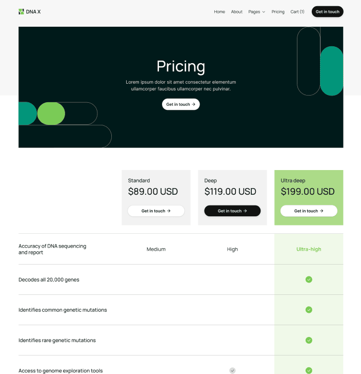 DNA X - Pricing Main Page - Health Tech Webflow Template