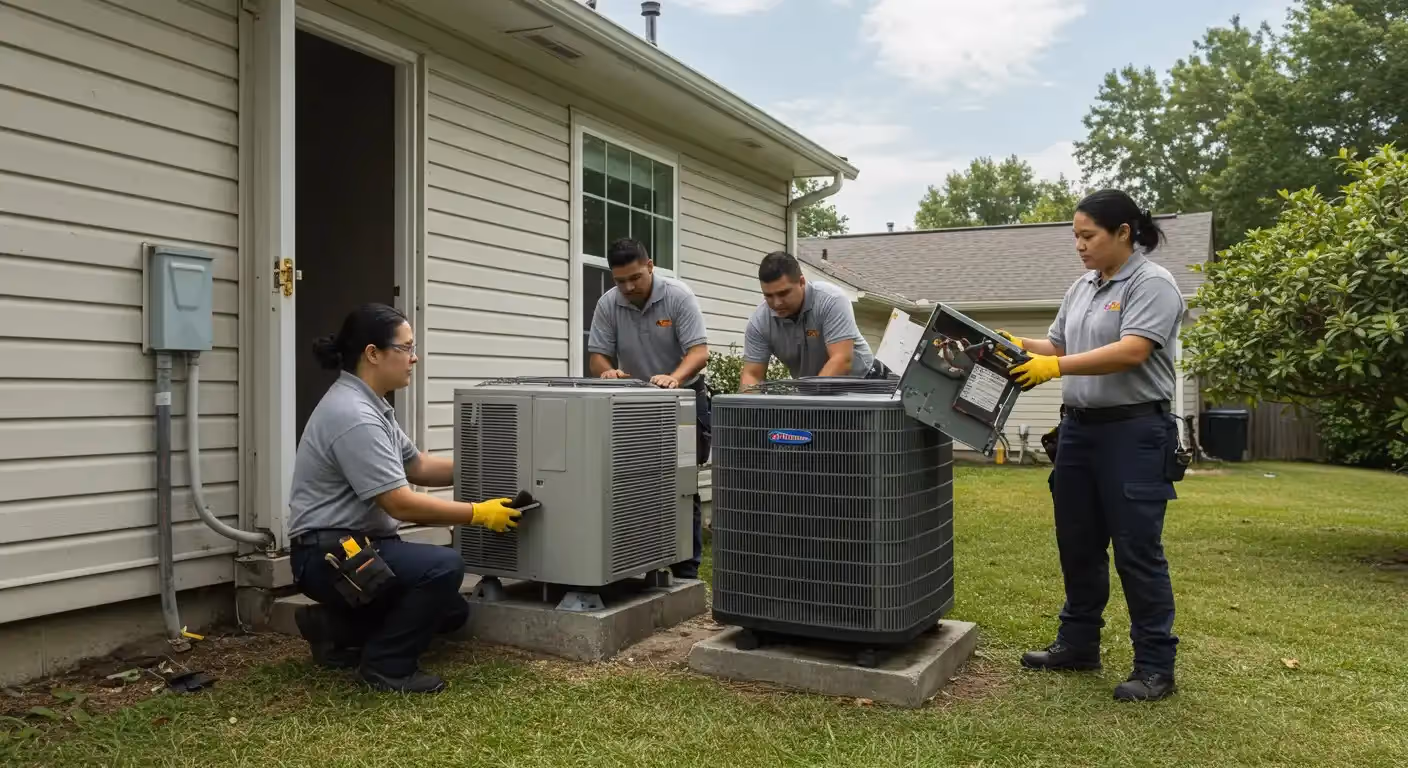 Four technicians working on outdoor AC units.