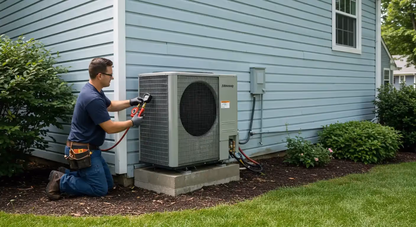 Technician attaches gauges to outdoor HVAC unit.