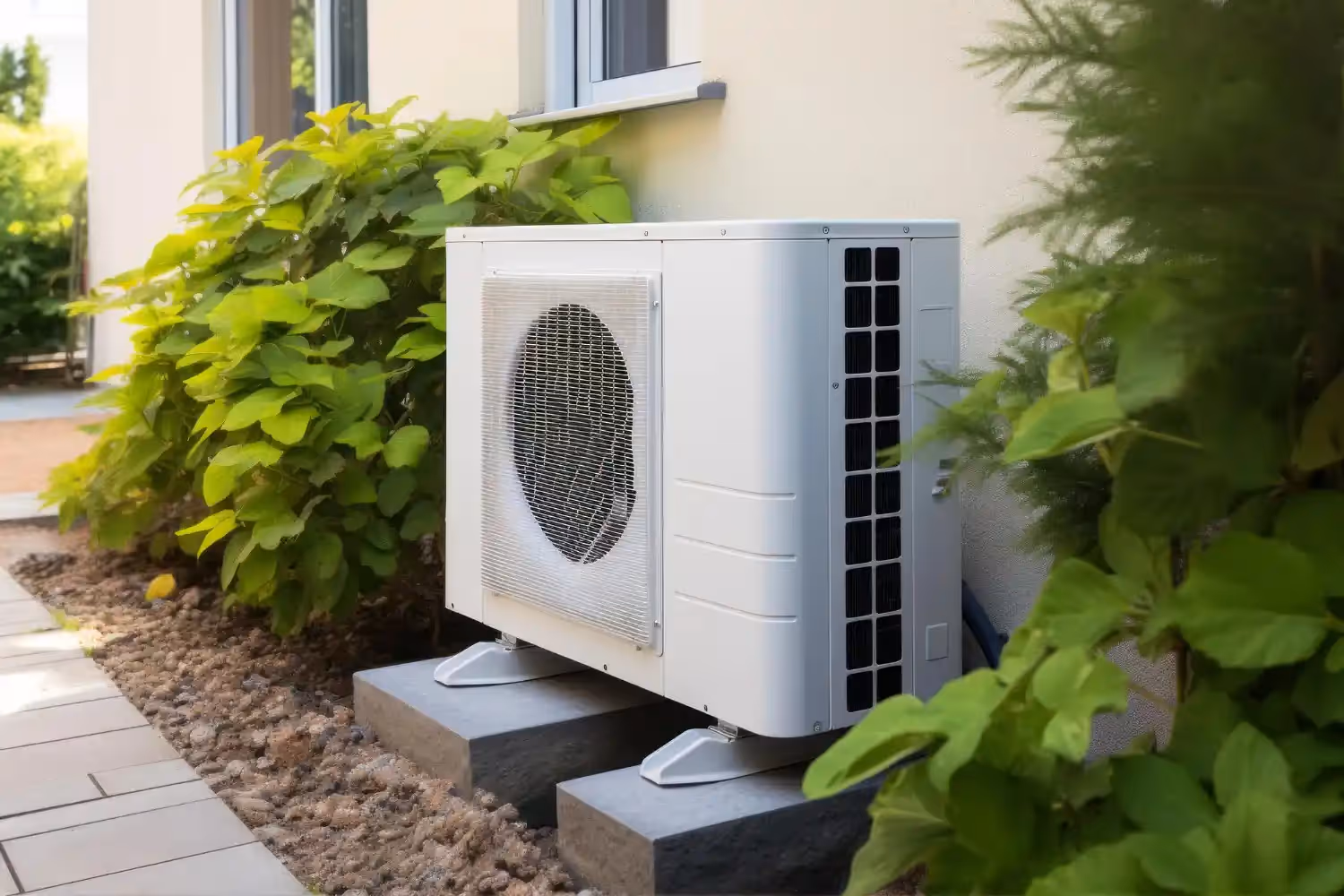 Outdoor heat pump unit surrounded by bushes.