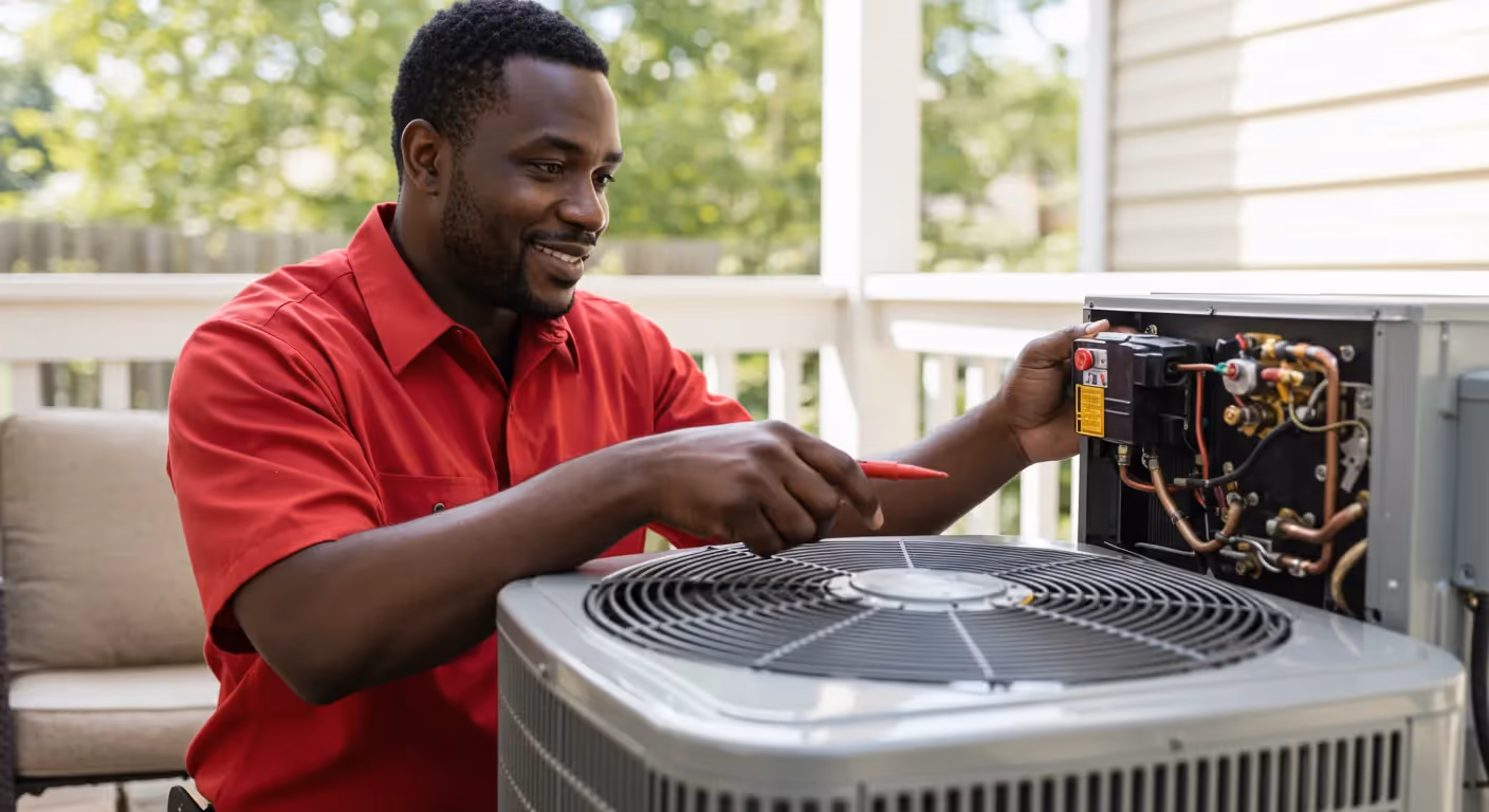A smiling man in a red short-sleeved shirt is working on the internal components of an outdoor AC unit