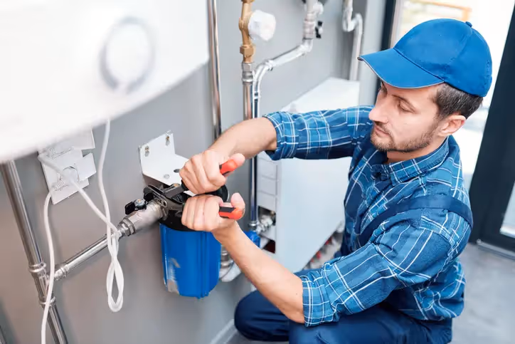 A plumber in a blue plaid shirt and cap uses a wrench to install a blue water filter canister on a pipe system against a gray wall.